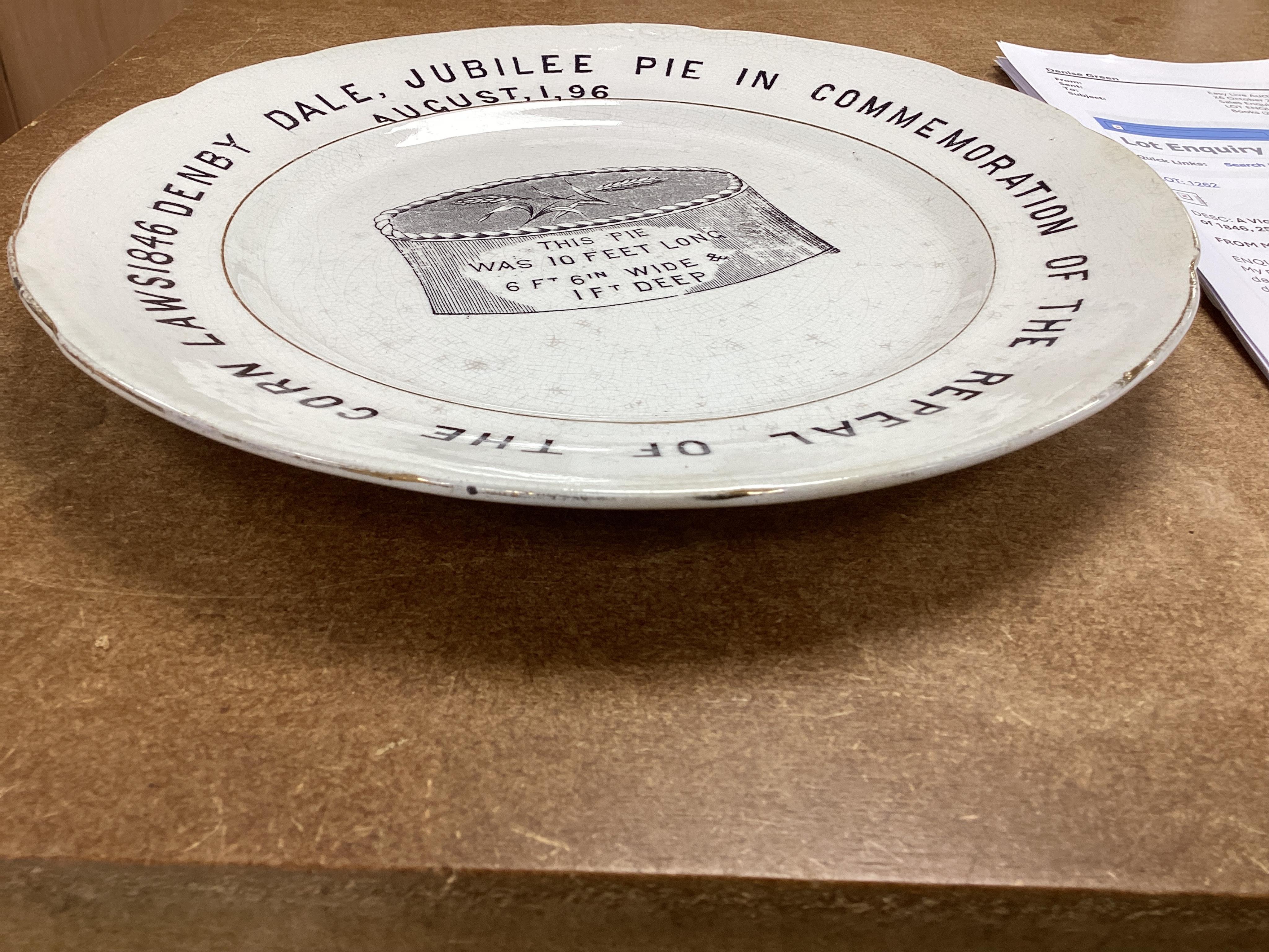 A Victorian August 1 1896 Jubilee pie plate, commemorating the repeal of the corn laws of 1846, 25cm diameter. Condition - some crazing and gilt edge worn